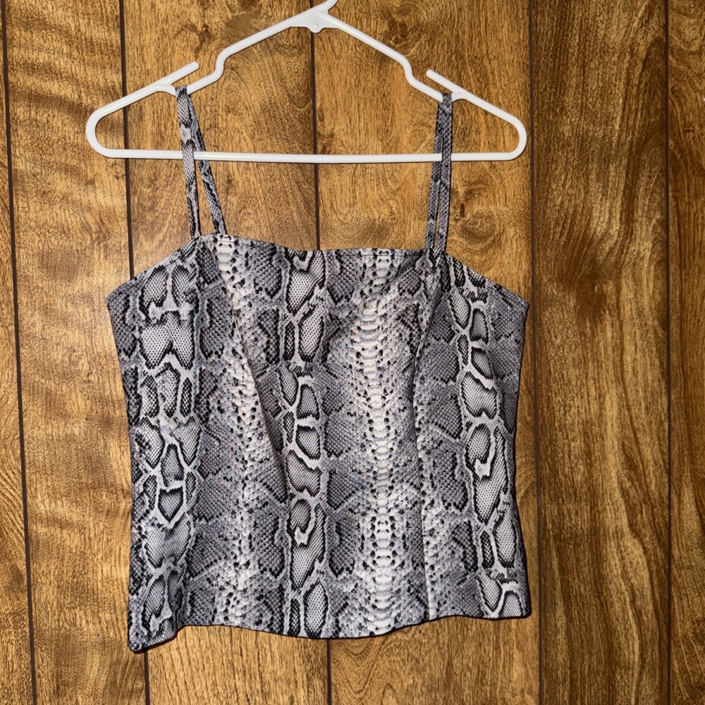 Womens Grey Snakeskin Print Crop Tank Top Y2K Glam Party Going Out Chic Small